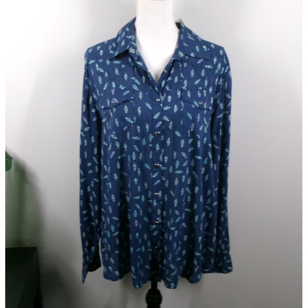 ROPER Top Size XL Blue Rayon Western Feather Pearl Snap Long Sleeve NEW
